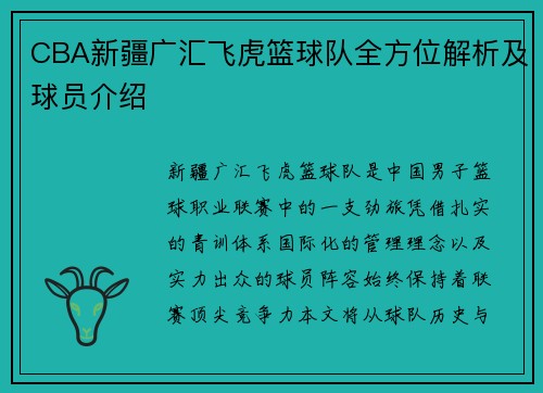 CBA新疆广汇飞虎篮球队全方位解析及球员介绍