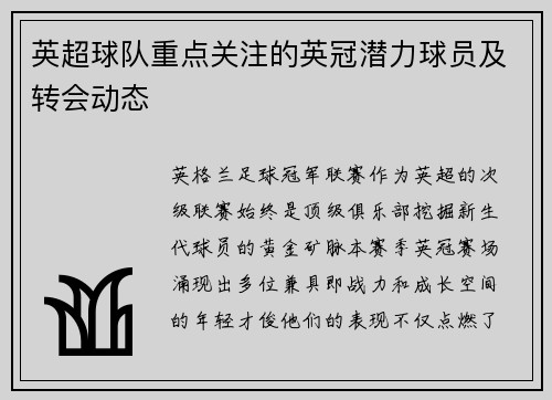 英超球队重点关注的英冠潜力球员及转会动态