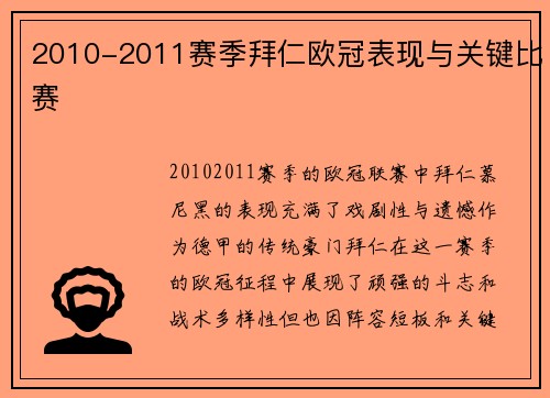 2010-2011赛季拜仁欧冠表现与关键比赛